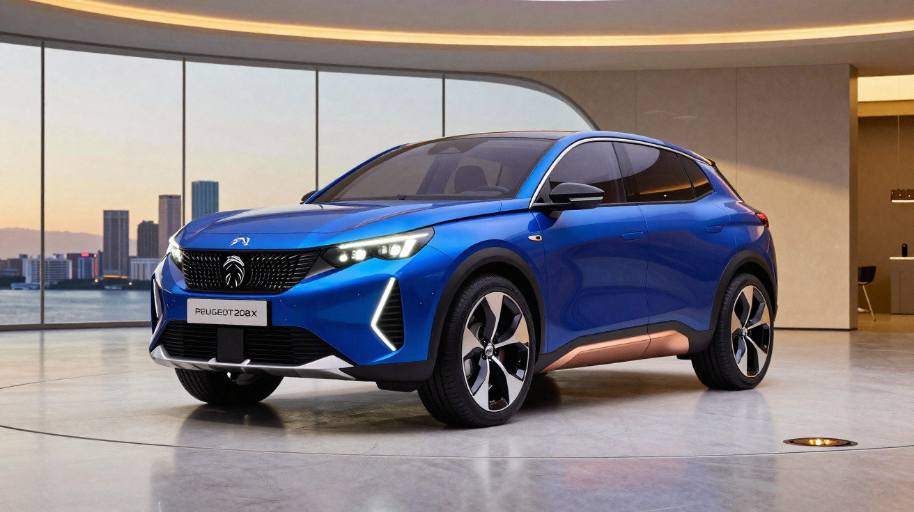 Blue Peugeot 208X electric SUV parked inside a modern showroom with cityscape visible through large windows.