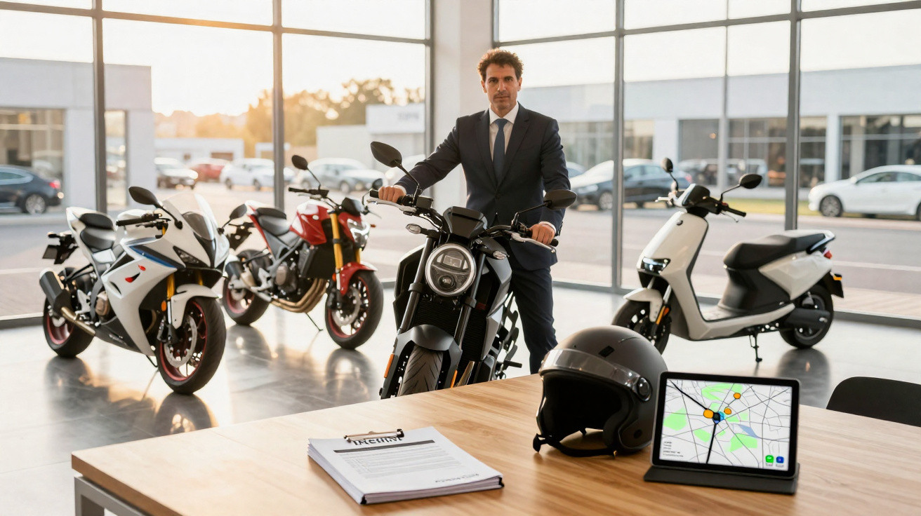 Man in a suit standing behind a black electric motorcycle in a showroom with other motorcycles and a scooter.