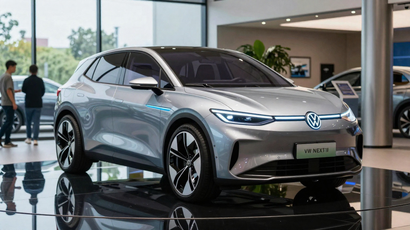 Silver Volkswagen electric SUV displayed indoors with sleek headlights and large alloy wheels.