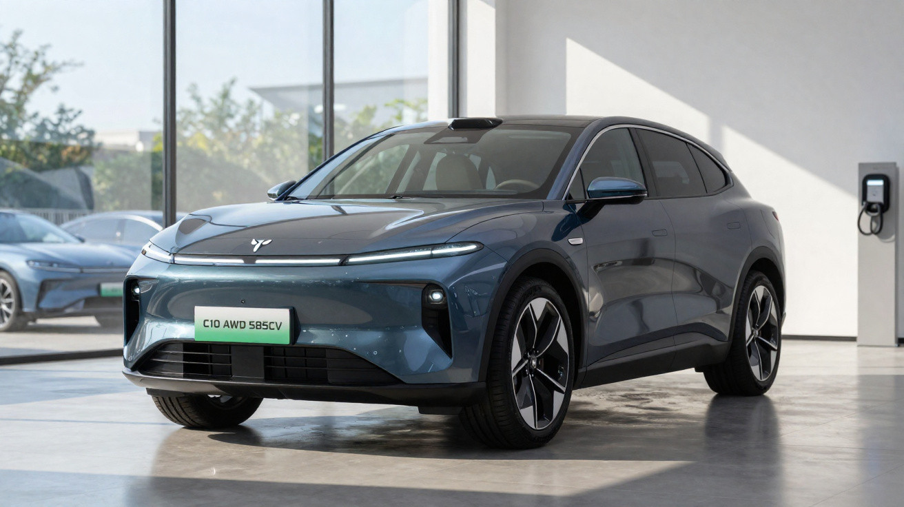 Blue electric SUV parked indoors near a window with a charging station on the wall.