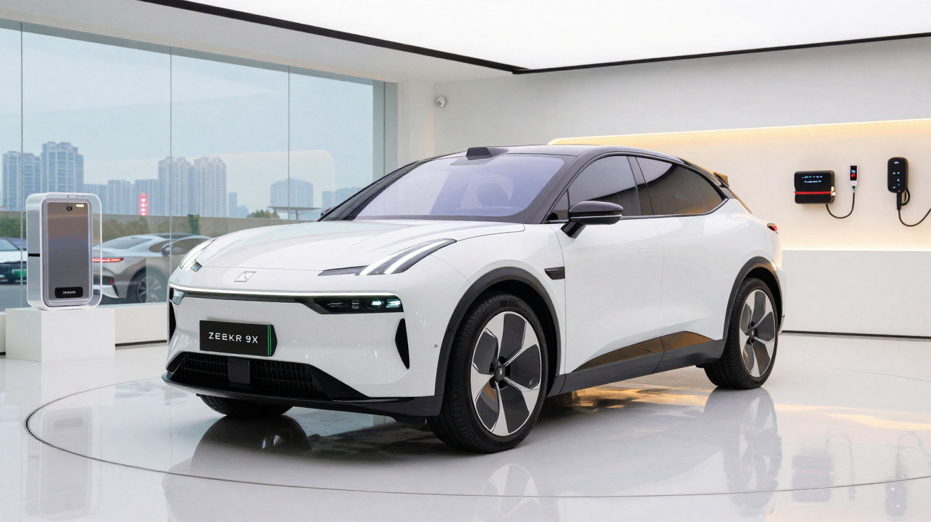 White Zeekr 9X electric car displayed in a modern showroom with charging stations on the wall.