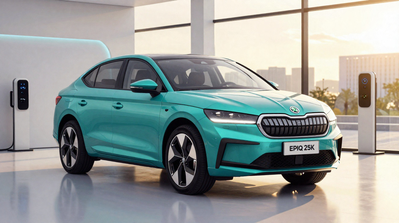 Teal Škoda electric car model EPIQ 25K parked indoors near charging stations by large windows at sunset.