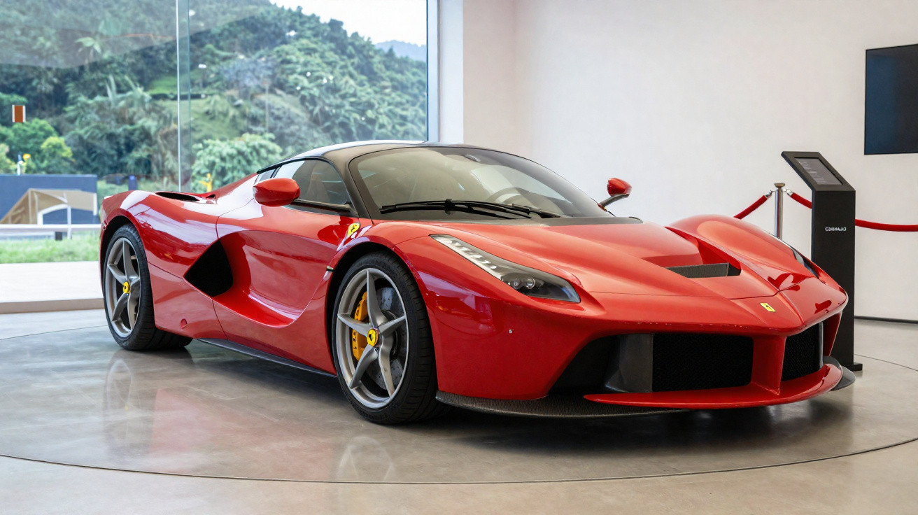 Red Ferrari sports car displayed indoors with large windows revealing green trees outside.
