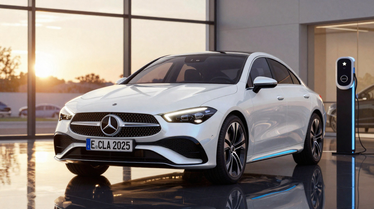 White Mercedes-Benz electric sedan parked indoors near a charging station at sunset with reflective floor.