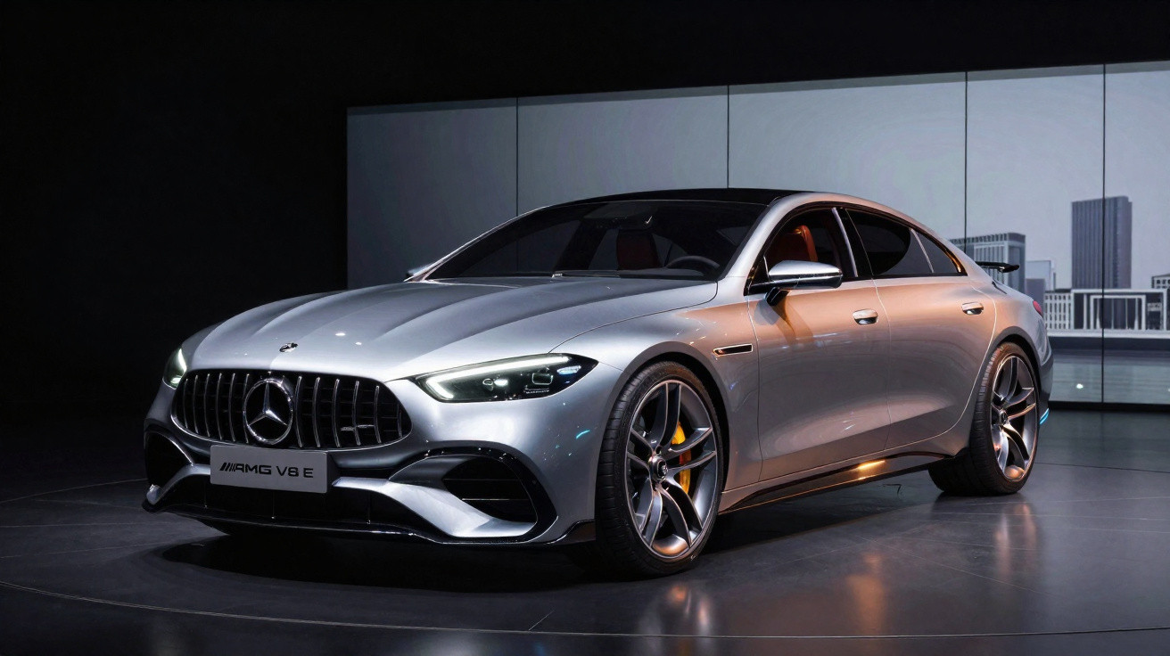 Silver Mercedes-Benz AMG V8 E sedan with sleek design and illuminated headlights on display indoors.