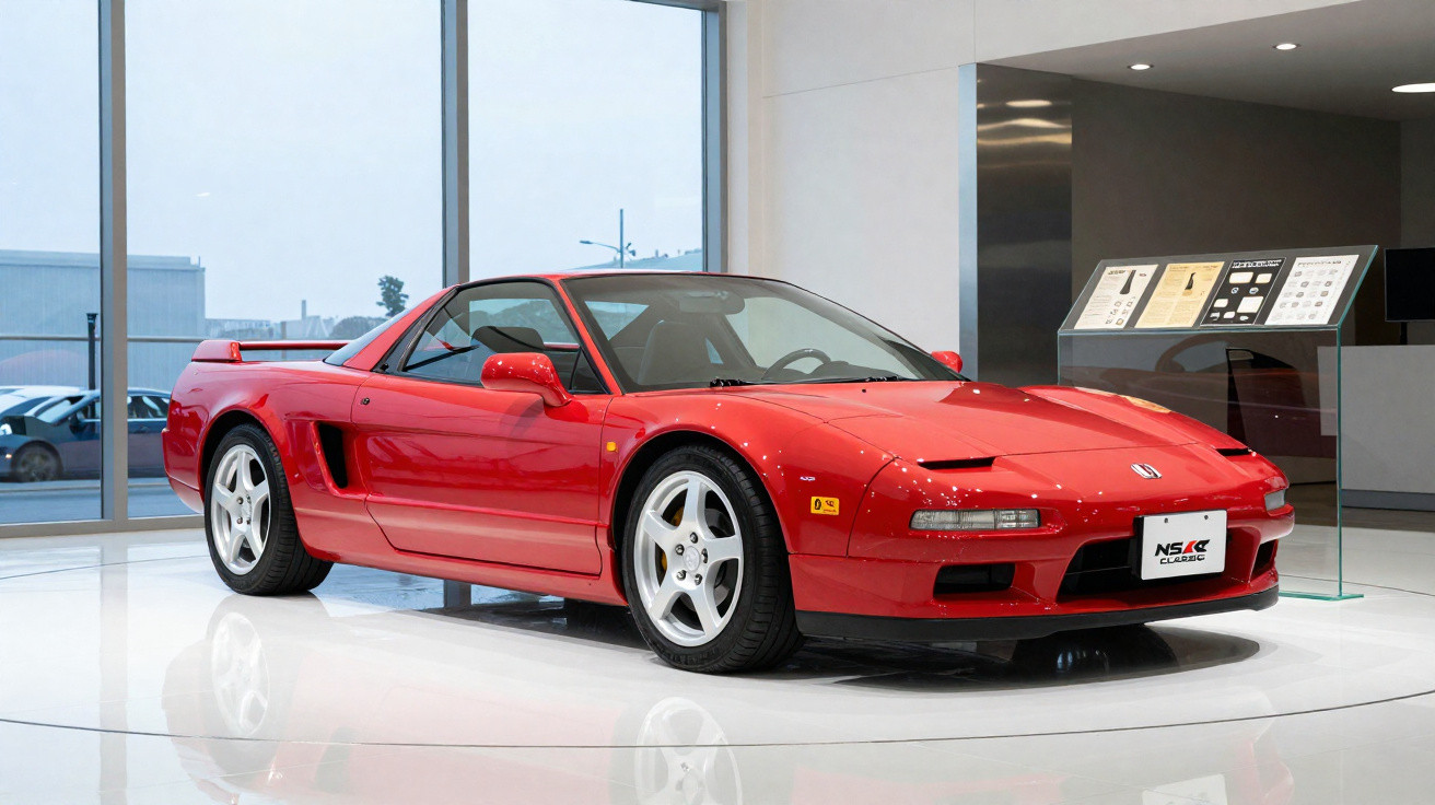 Red classic Honda NSX sports car displayed indoors on a glossy white floor with large windows in the background.