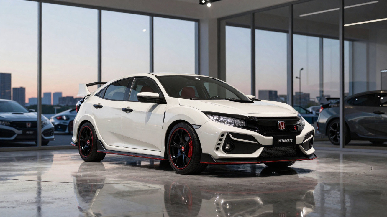 White Honda Civic Type R parked inside a modern showroom with large glass windows at dusk.