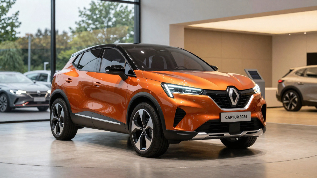 Orange 2024 Renault Captur parked inside a showroom with modern design and other cars visible outside.