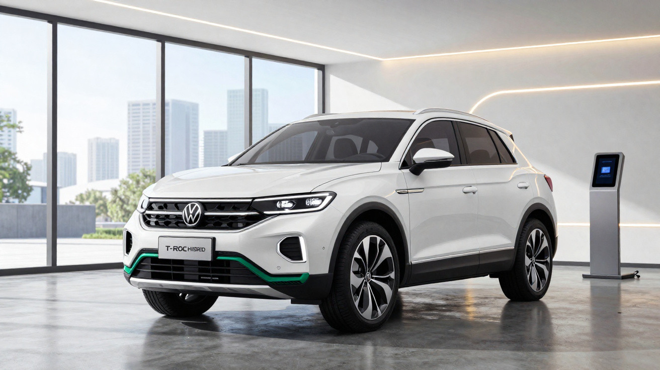 White Volkswagen T-Roc Hybrid SUV parked indoors near a charging station with city skyline visible through windows