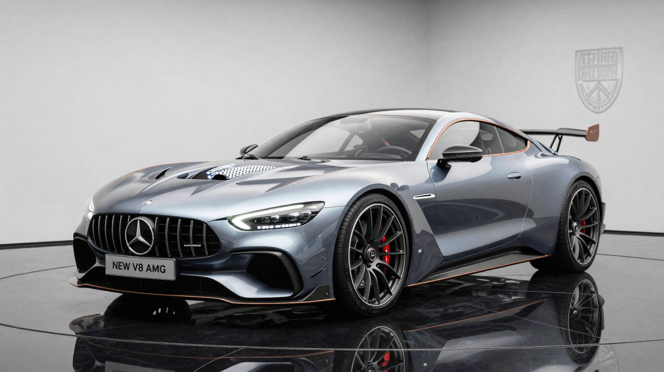 Silver Mercedes-Benz AMG V8 sports car with black rims and rear spoiler displayed indoors on reflective floor