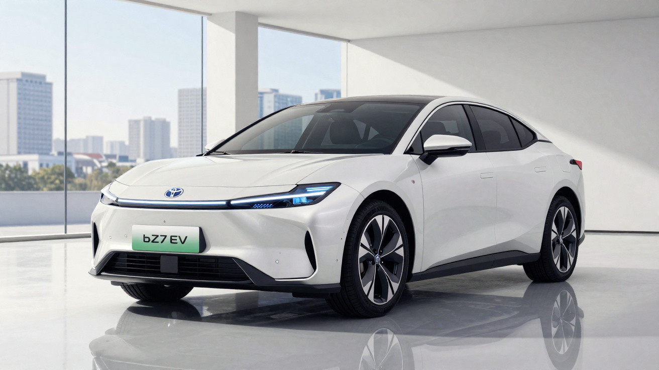 White Toyota bZ7 EV electric car parked indoors with cityscape visible through large windows.