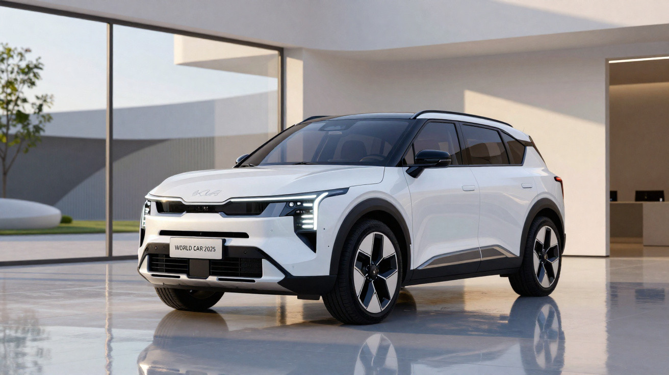 White Kia electric SUV with black roof parked inside a modern glass-walled building with polished floor.