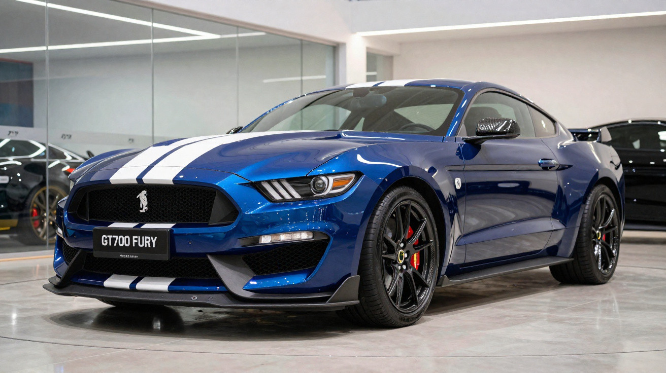 Blue Ford Mustang GT700 Fury with white racing stripes parked indoors on a polished showroom floor.