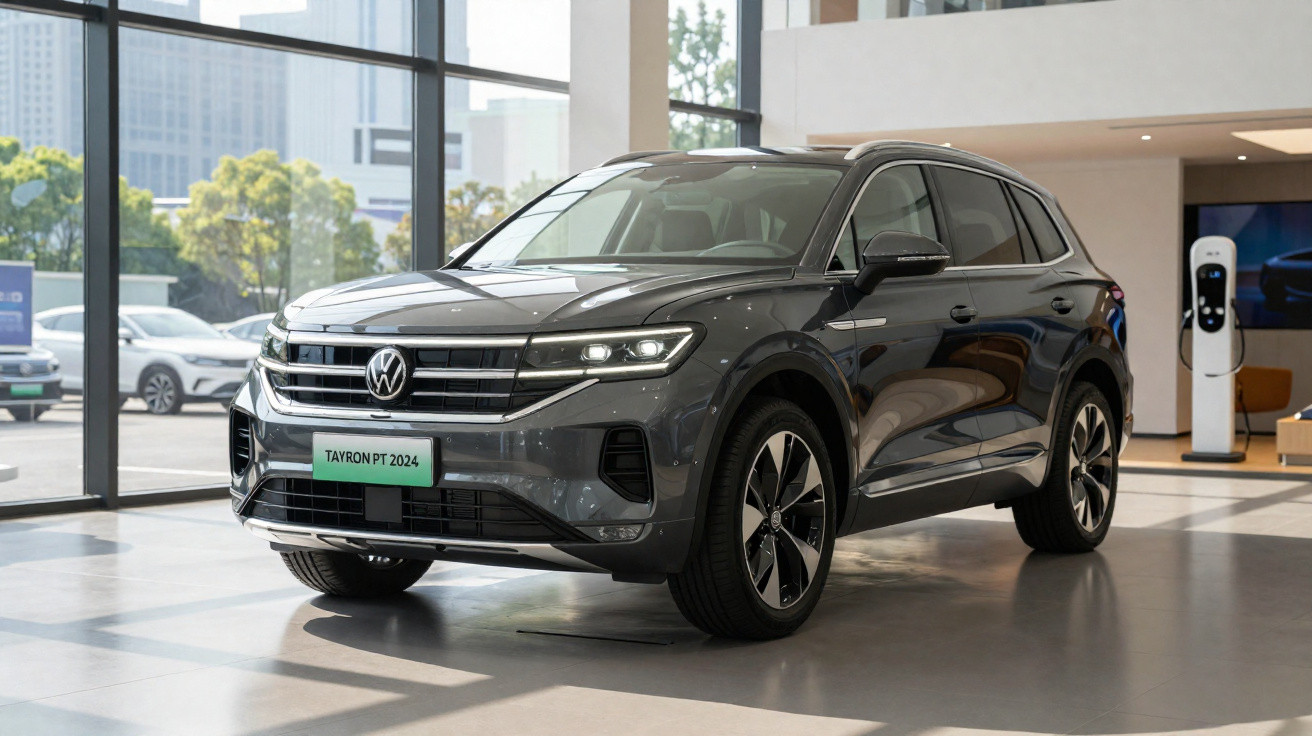Grey Volkswagen Tayron PT 2024 SUV displayed indoors with large windows and charging station in background.