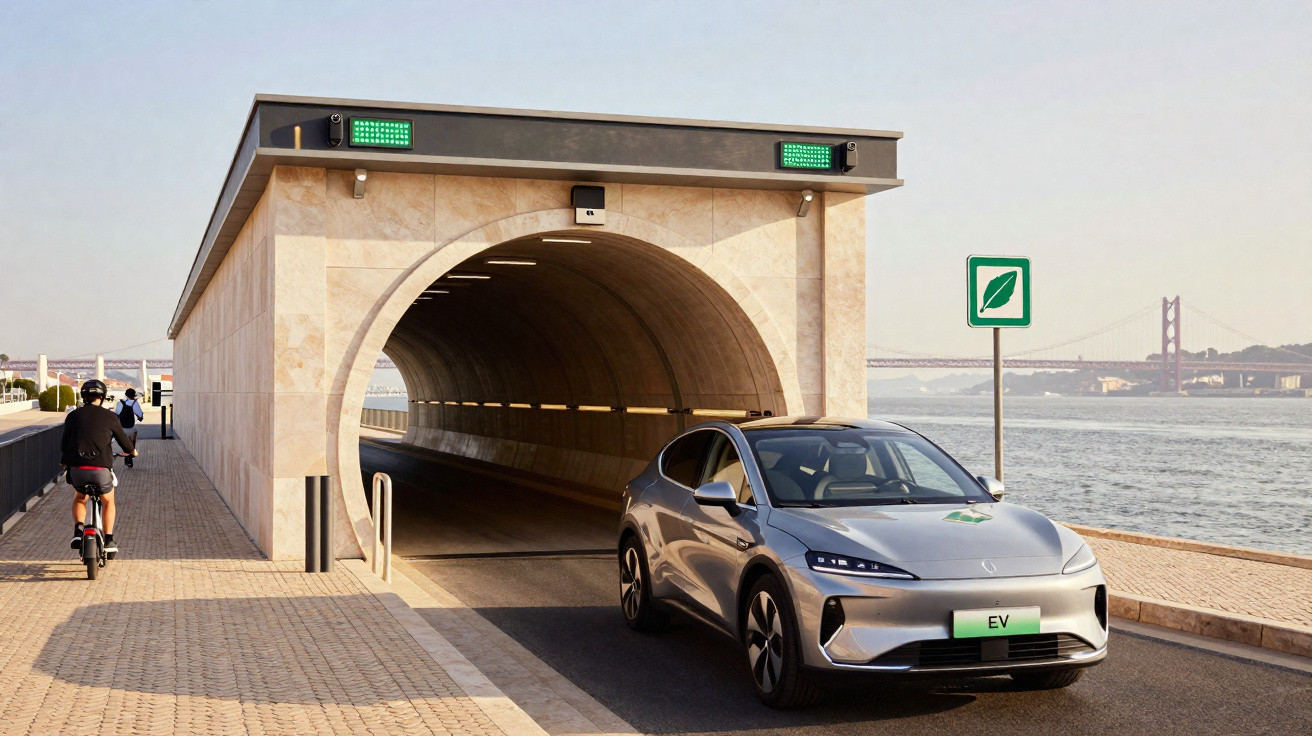 Silver electric vehicle exiting a stone tunnel by the waterfront with cyclists on the adjacent path.