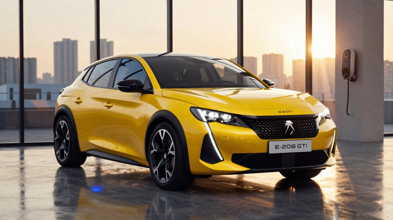 Yellow Peugeot E-208 GTi electric car parked indoors with city skyline and sunset in the background.