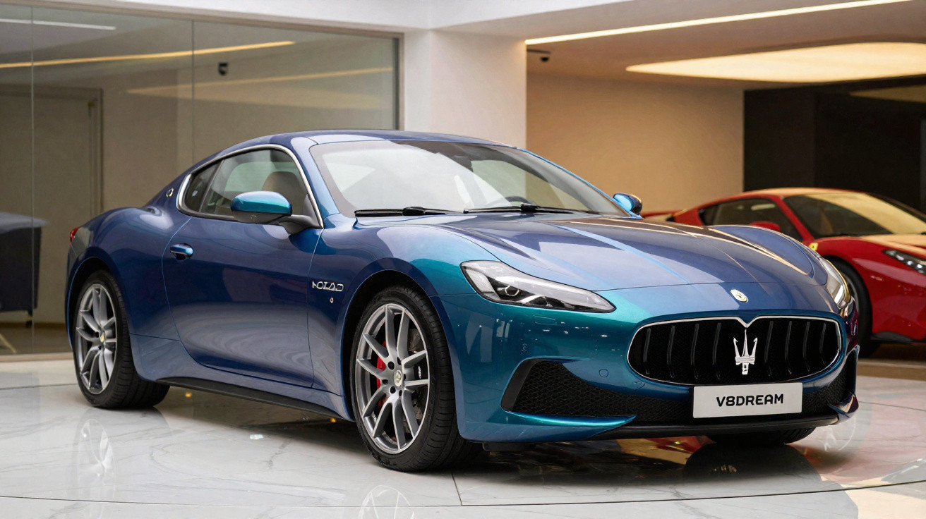 Blue Maserati sports car displayed indoors with a red car visible in the background