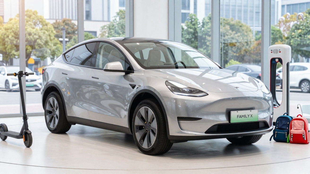 Silver electric SUV displayed indoors near a scooter and charging station with miniature backpacks nearby.