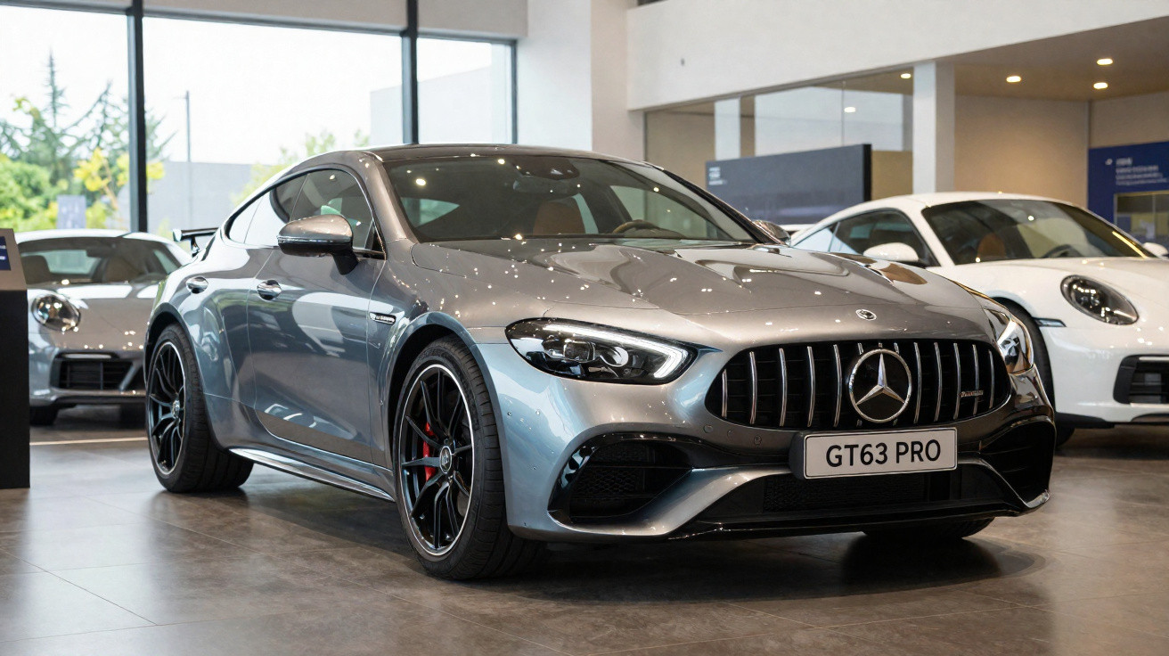 Silver Mercedes-Benz GT63 Pro sports car displayed in a showroom with other cars visible in background.