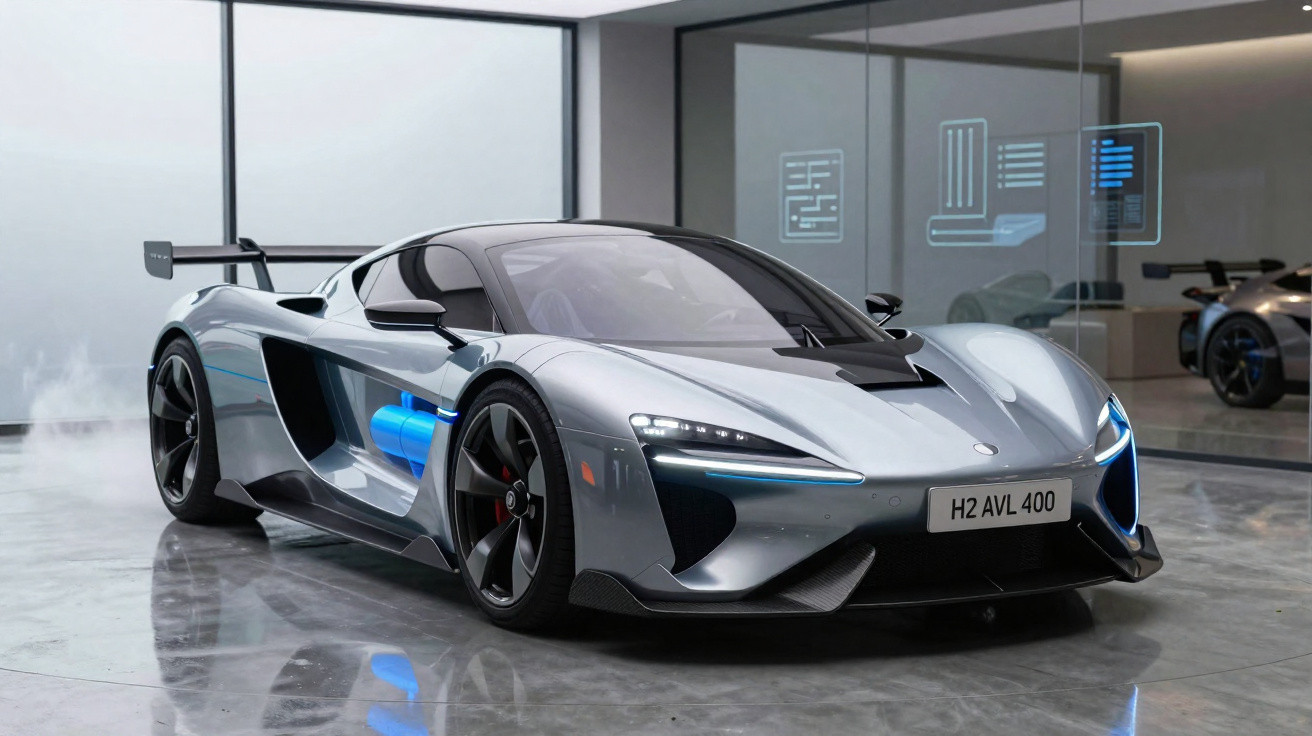 Silver futuristic electric sports car with blue accents parked in a sleek showroom with glass walls.