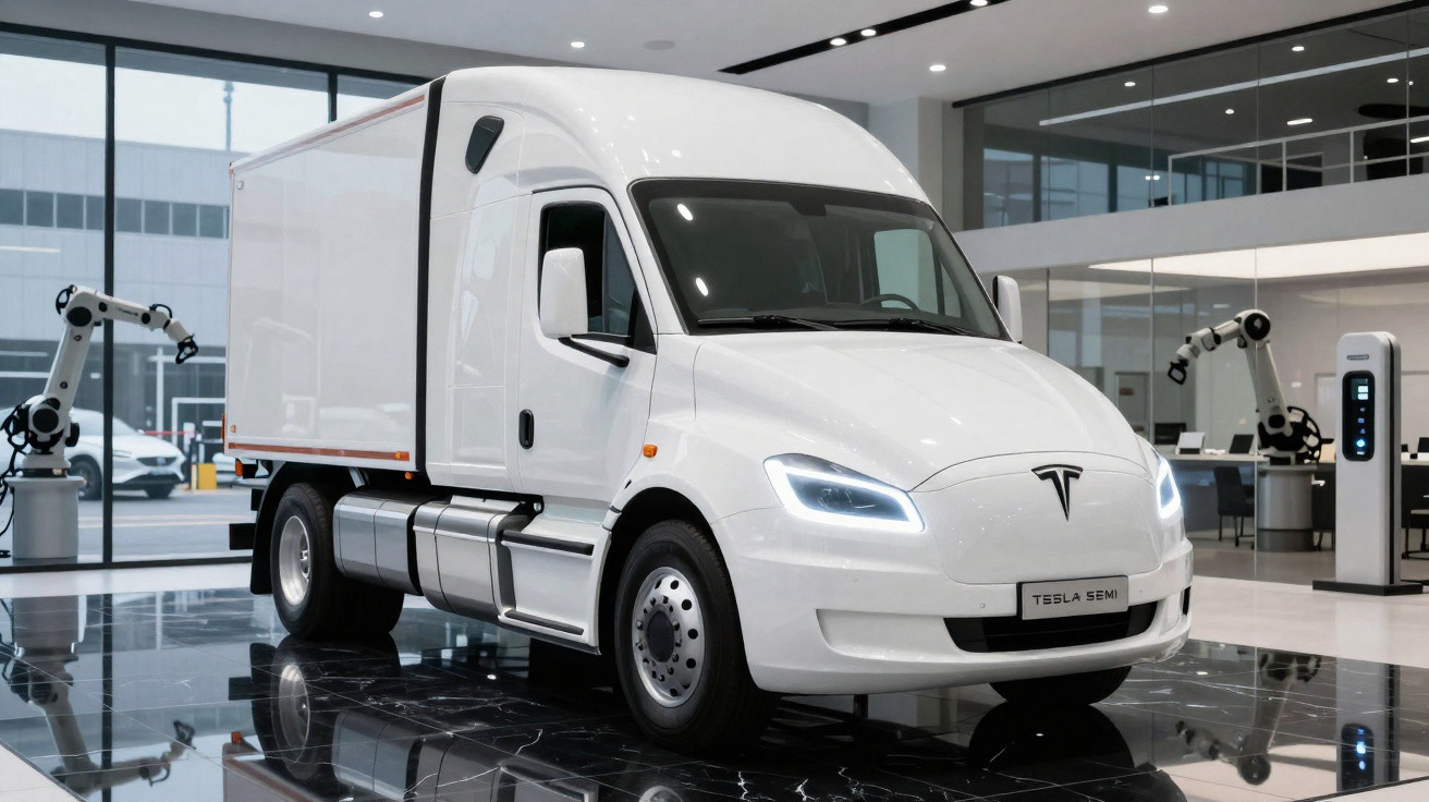 White Tesla Semi electric truck displayed indoors on a shiny black floor with robotic arms in the background.