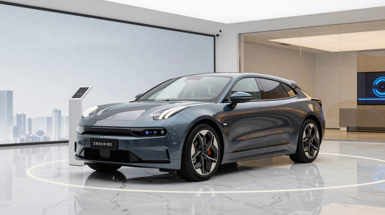 Grey Zeekr 001 electric car displayed on a glossy marble floor inside a modern showroom with cityscape backdrop.
