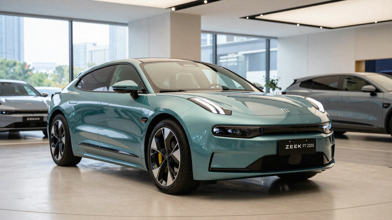 Teal Zeekr electric car displayed inside a showroom with large windows and other cars in the background.