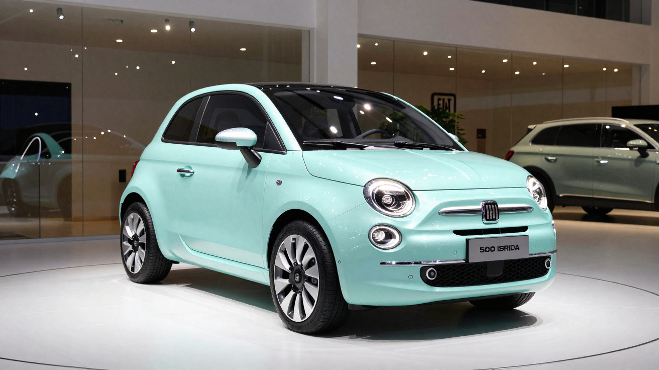 Light blue Fiat 500 Ibrida compact car displayed in a showroom on a round platform.