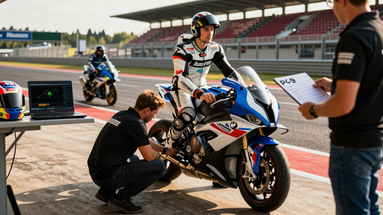 Motorcycle racer in full gear on blue and white racing bike being checked by technician at racetrack pit lane.