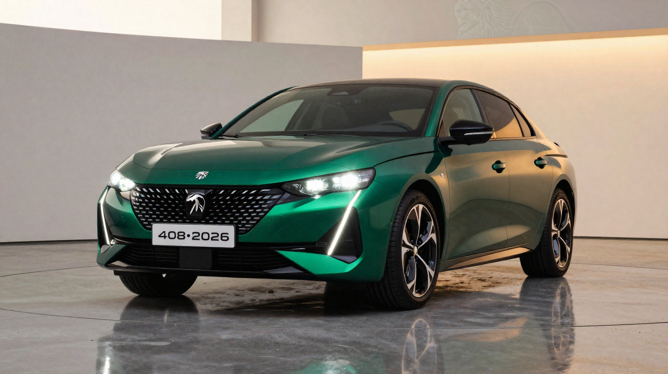 Green Peugeot 408 2026 model parked indoors with modern sleek design and LED headlights on reflective floor.