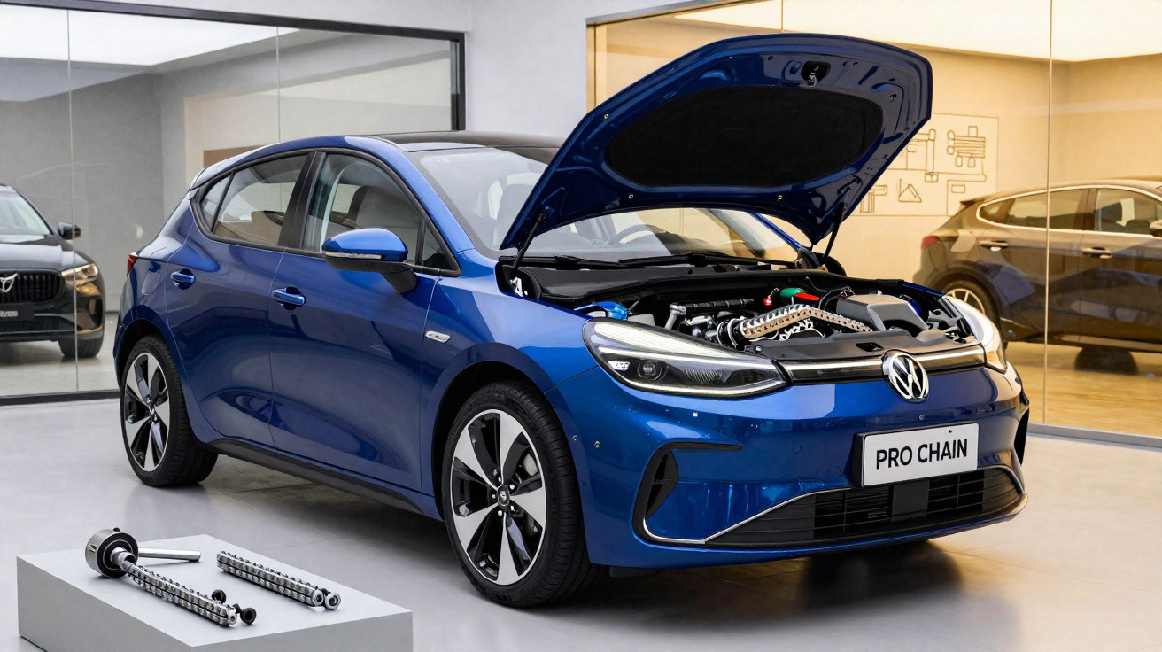 Blue Volkswagen hatchback with open bonnet showcasing engine components in a modern showroom.