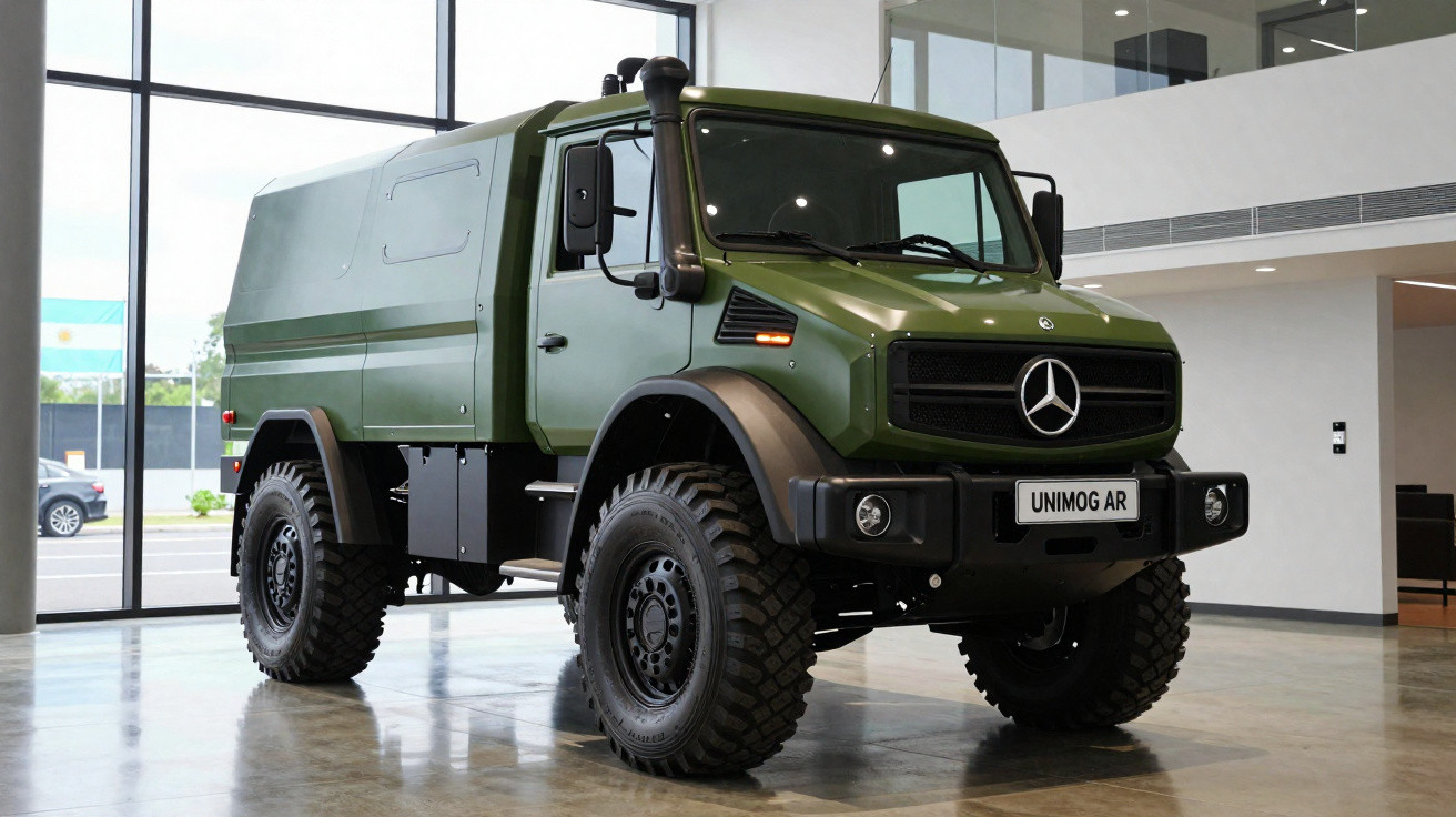 Green Mercedes-Benz Unimog AR off-road truck displayed indoors with large rugged tyres and high ground clearance.