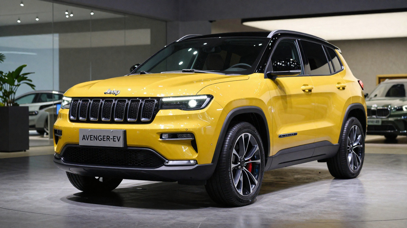 Yellow Jeep Avenger-EV electric SUV displayed in showroom with black roof and alloy wheels