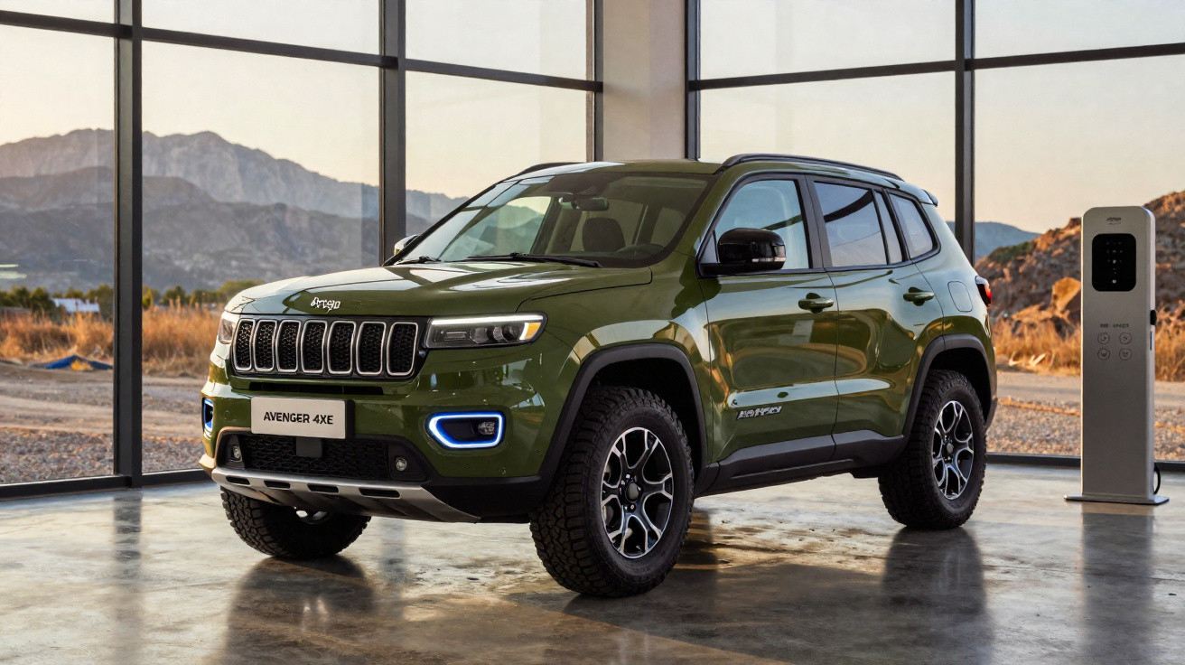 Green Avenger 4XE electric SUV parked indoors near a charging station with mountains in the background.