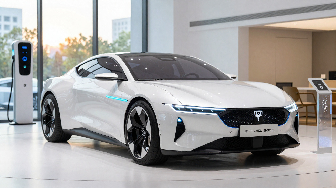 White electric sports car E-FUEL 2035 displayed indoors near a charging station and modern furniture.