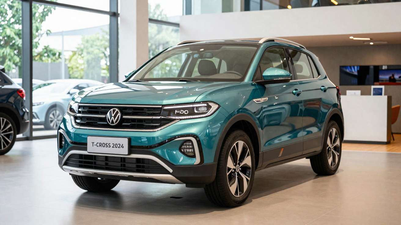 2024 Volkswagen T-Cross compact SUV in teal on display inside modern showroom with large windows.