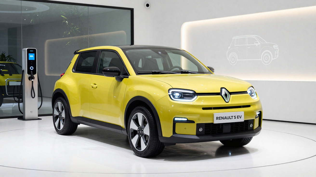 Yellow Renault 5 EV electric car displayed indoors with charging station and wall graphic in the background.