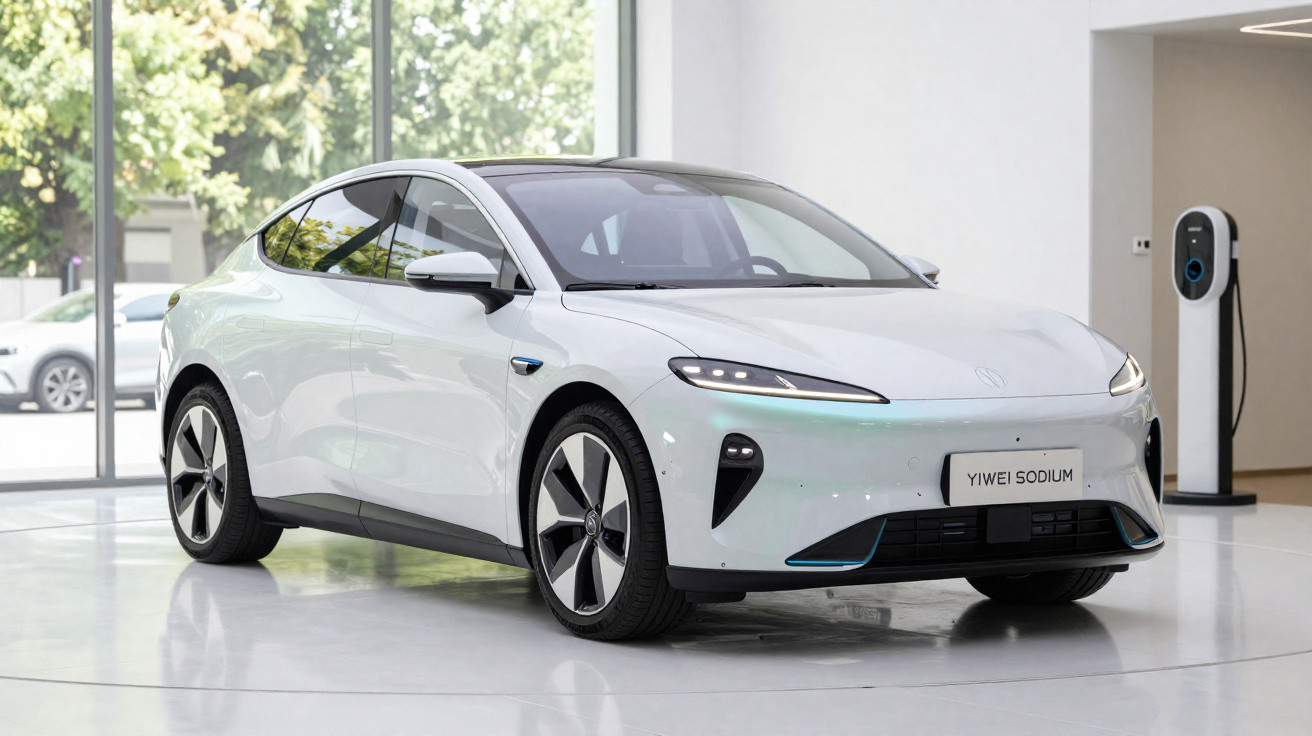 White modern electric car displayed indoors near a charging station with large windows in the background.