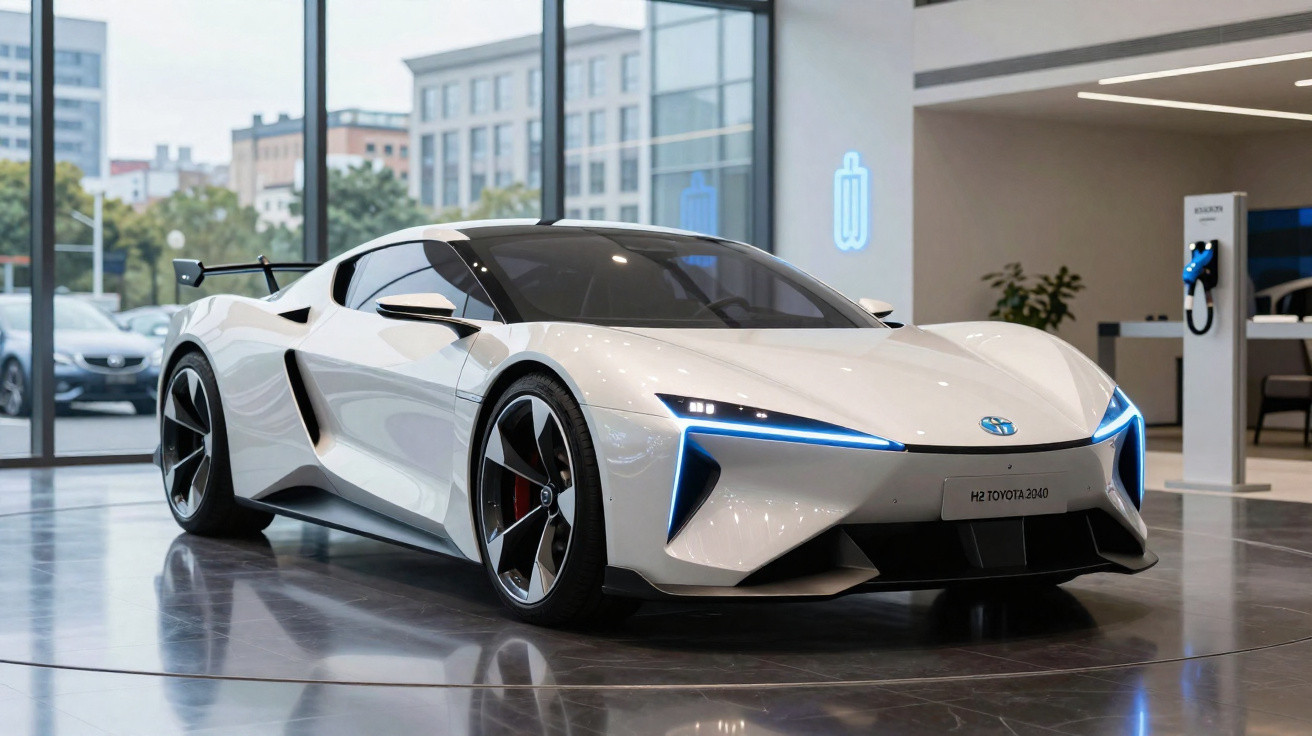 White Toyota H2 sports car with sleek LED lights displayed in a modern showroom with large windows.