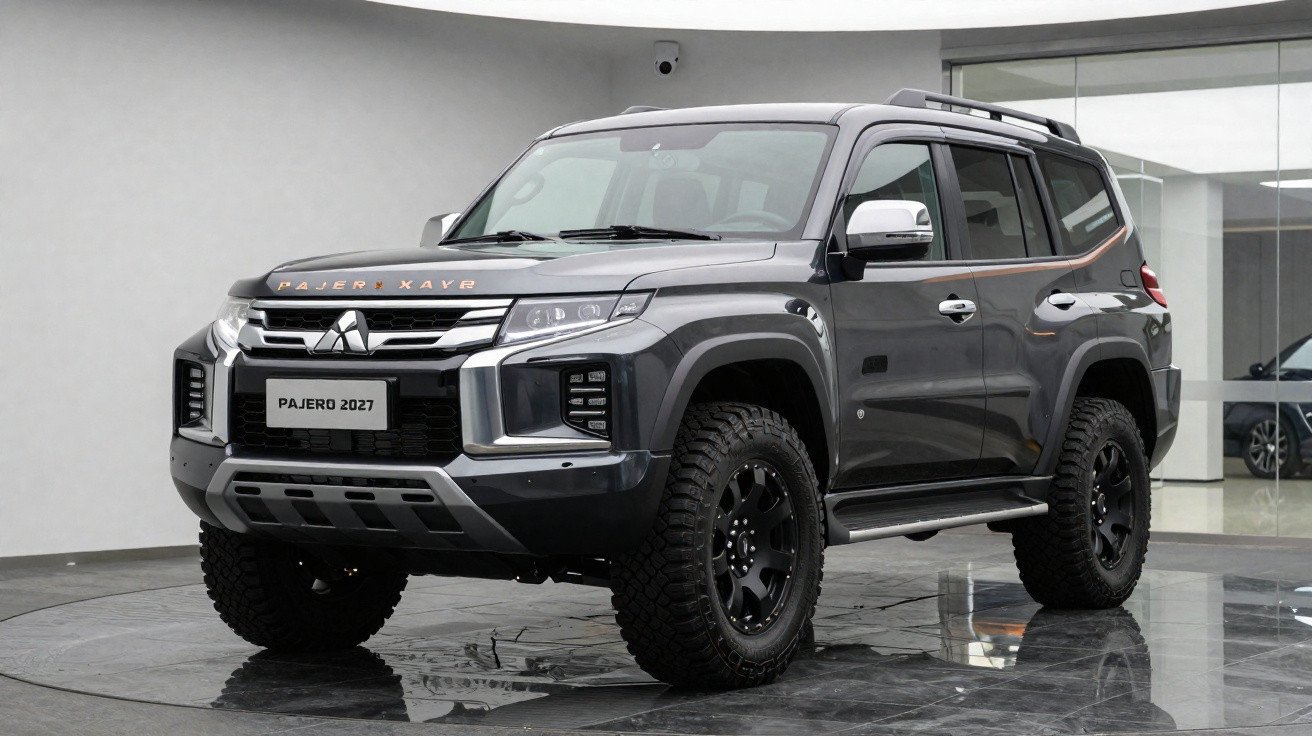 2027 Mitsubishi Pajero SUV in dark grey with rugged tyres parked indoors on a reflective floor.