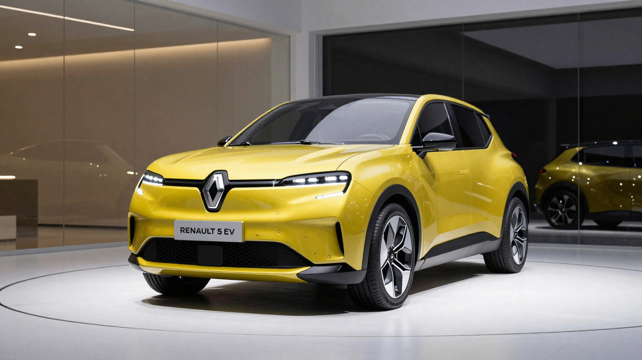 Yellow Renault 5 EV electric car showcased on a white circular platform inside a modern showroom.