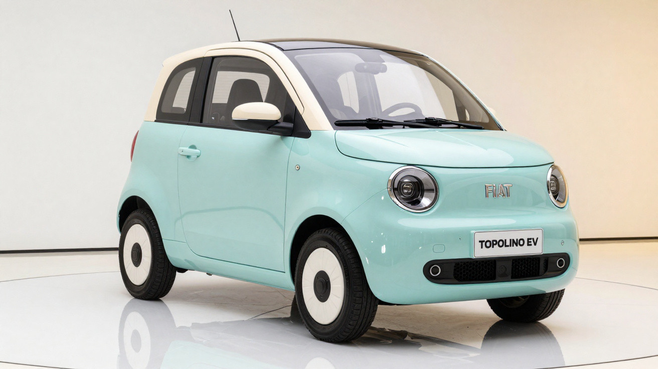 Mint green and cream Fiat Topolino EV compact electric car in a white studio setting.