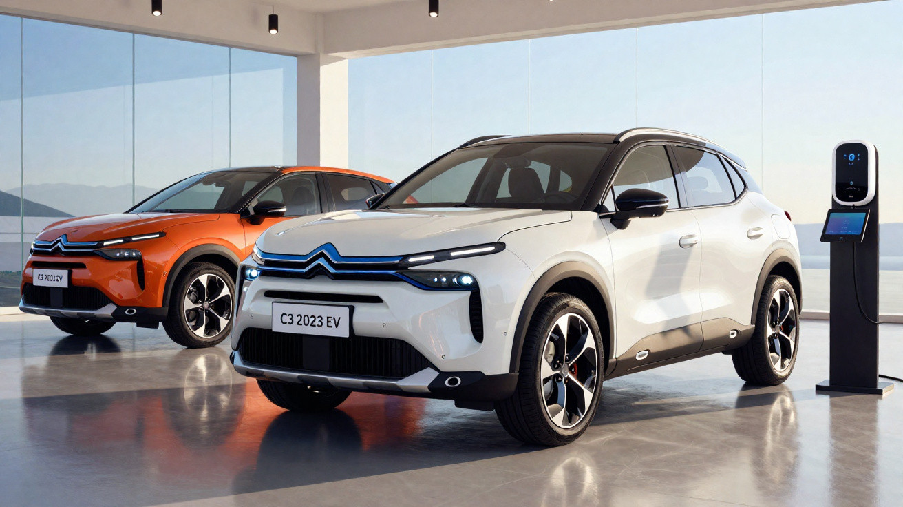 White and orange Citroën C3 2023 electric SUVs parked indoors beside a charging station.