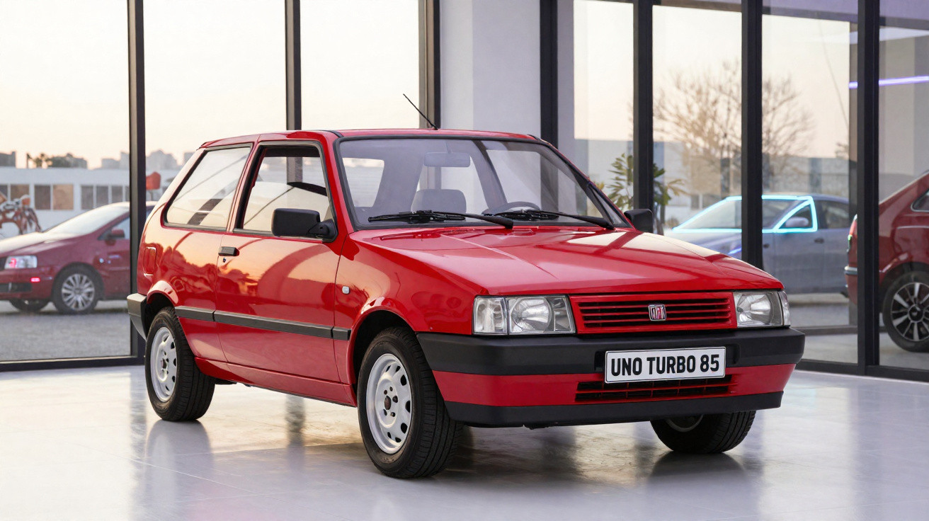Red classic Fiat Uno Turbo 85 three-door hatchback car displayed indoors with glass walls in background.