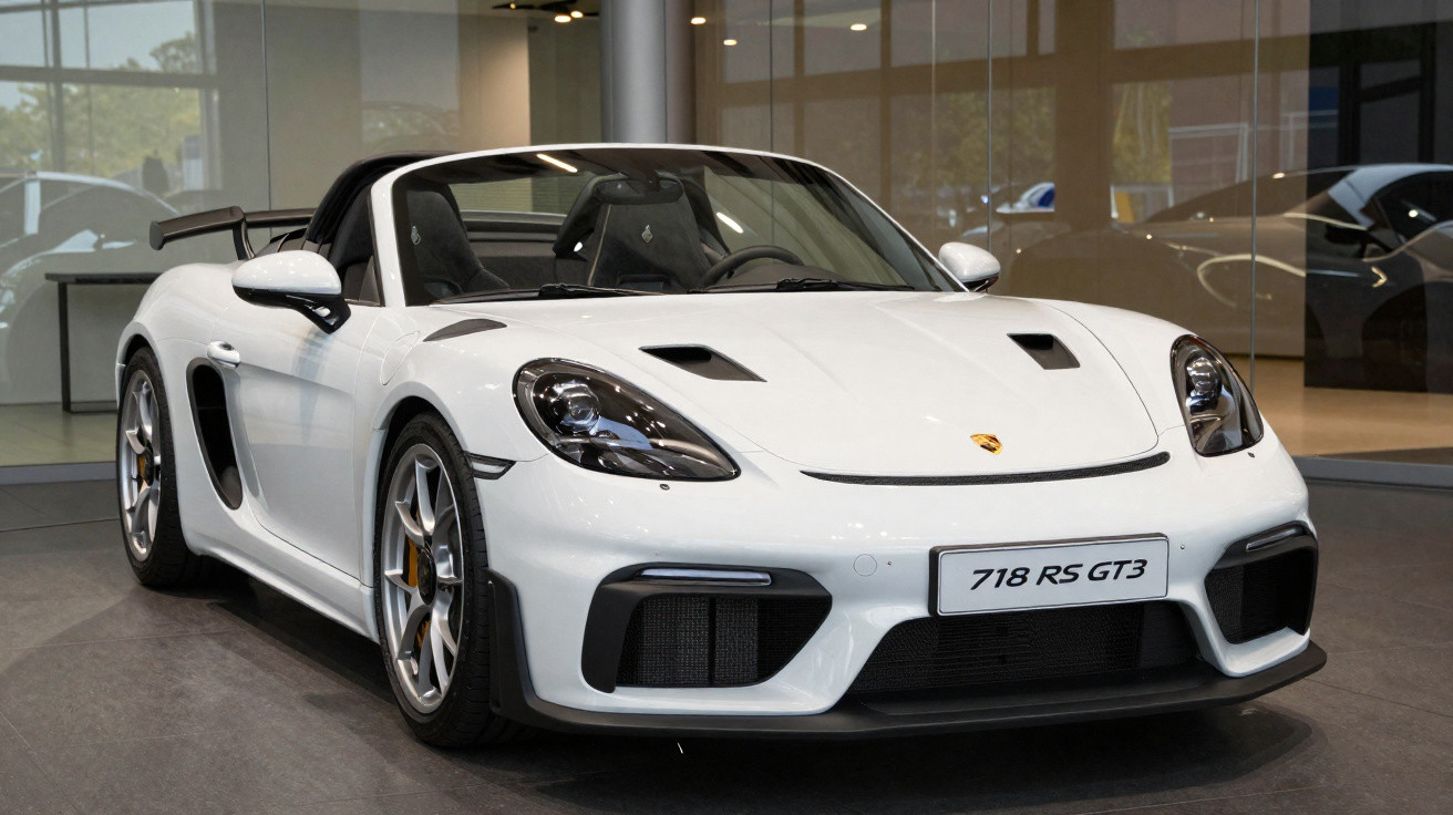 White Porsche 718 RS GT3 sports car displayed indoors with convertible top down and sleek aerodynamic design.