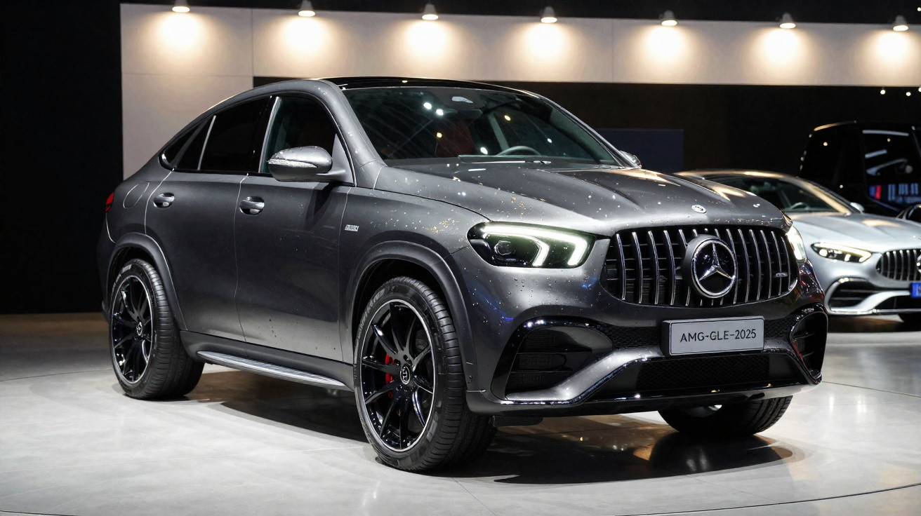 Grey Mercedes-AMG GLE 2025 SUV with LED headlights in showroom under bright lights