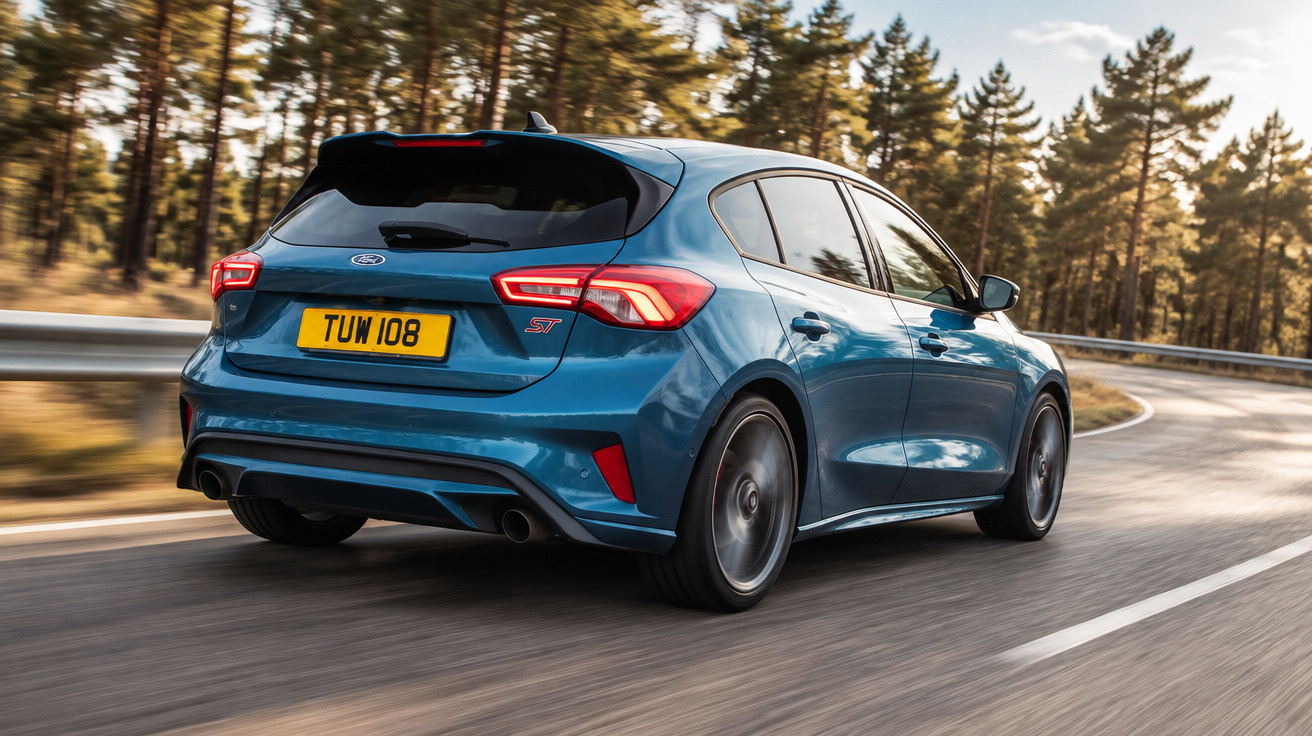 Blue Ford Focus ST hatchback driving on a winding road with trees in the background.
