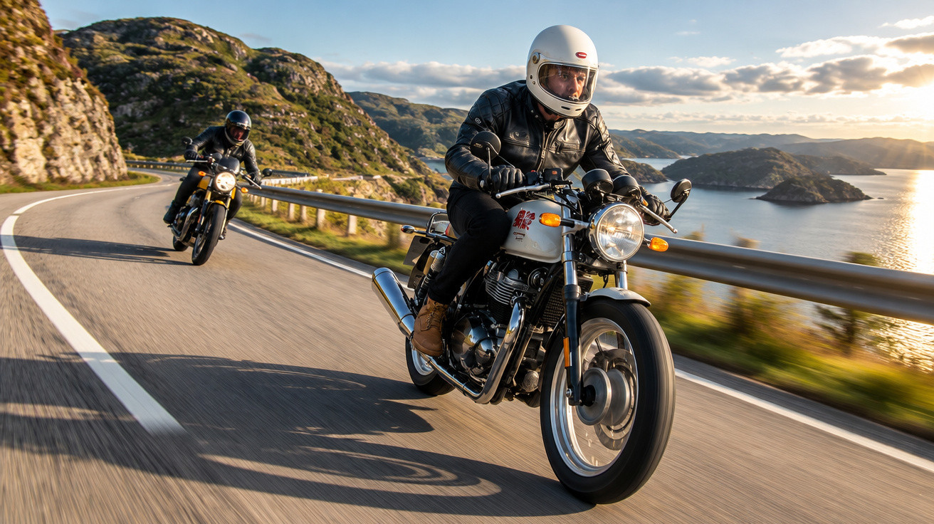 Two motorcyclists riding classic bikes on a coastal mountain road at sunset with calm sea and rocky cliffs.