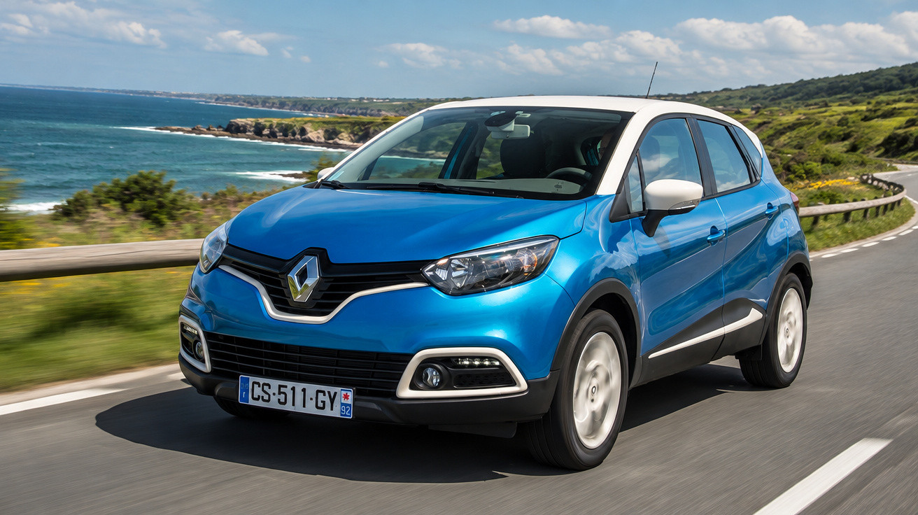 Blue Renault Captur car driving on coastal road with ocean and green hills in the background.
