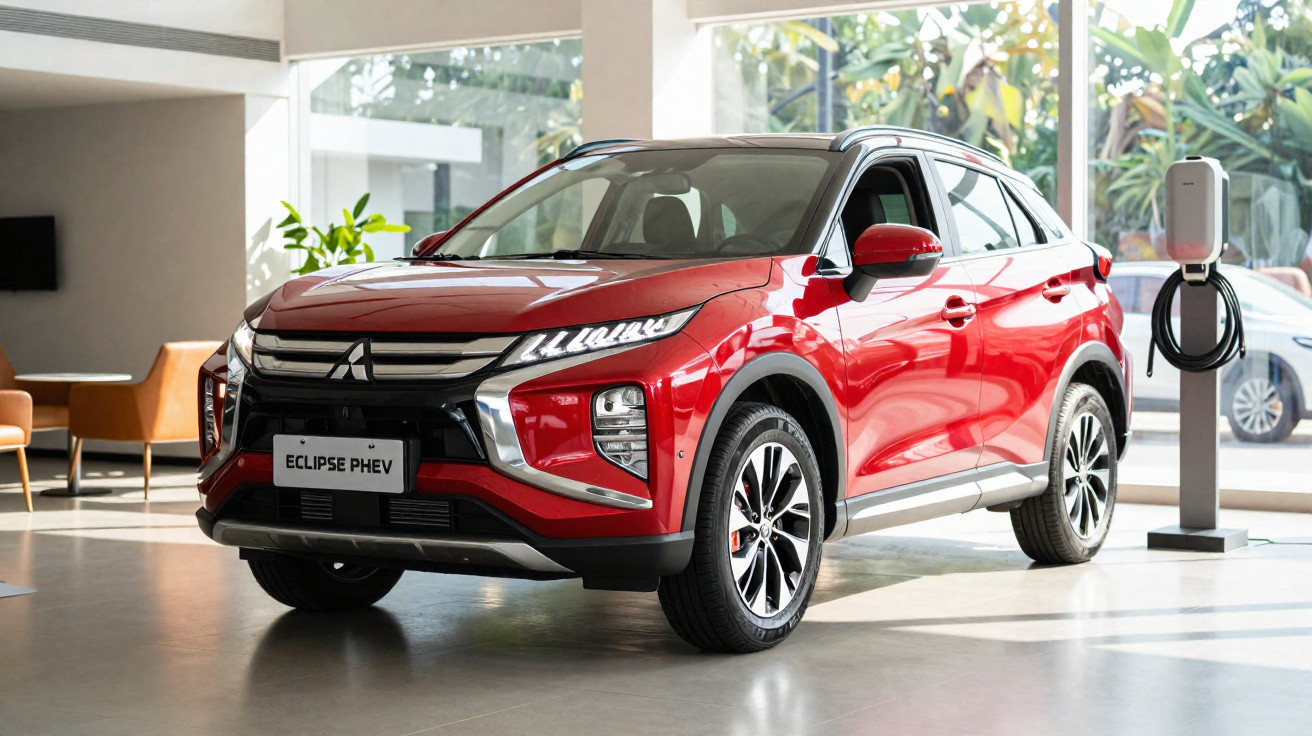 Red Mitsubishi Eclipse PHEV plug-in hybrid SUV displayed indoors near electric charging station.